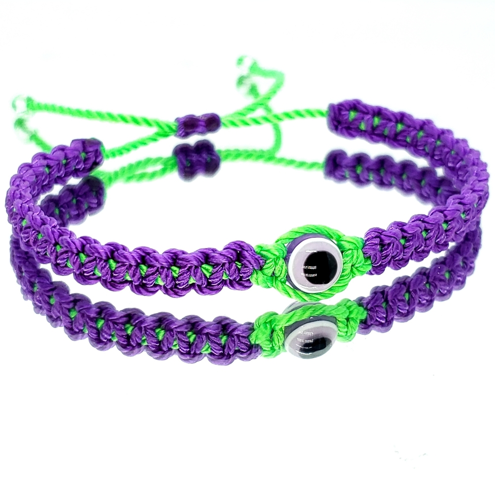 Evil eye protection bracelet, purple & neon green braided wristband- adjustable